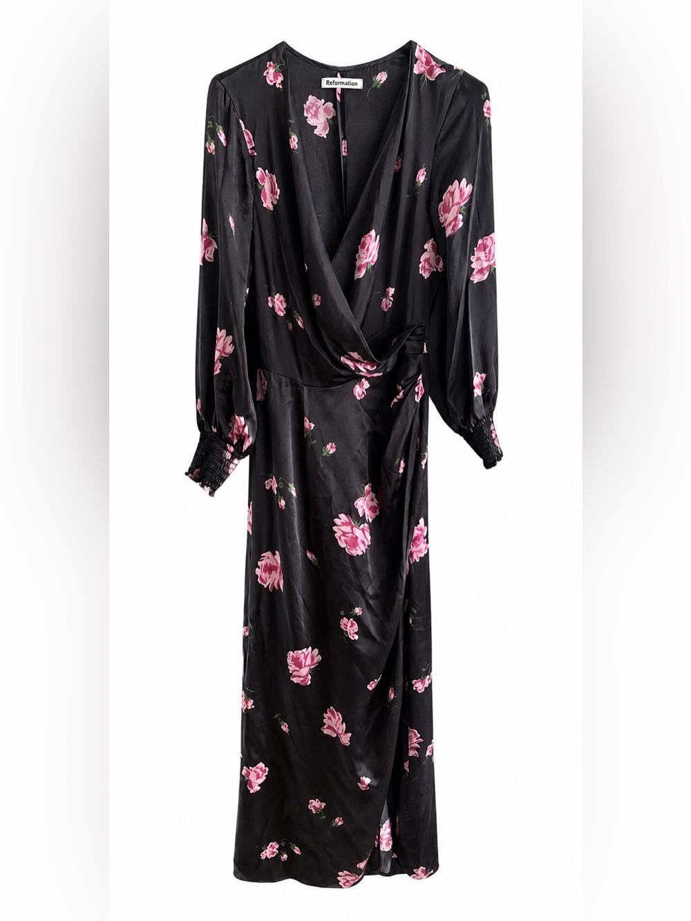 Reformation 100% Silk Navy Midi Wrap Dress with Pink/Purple Floral Print